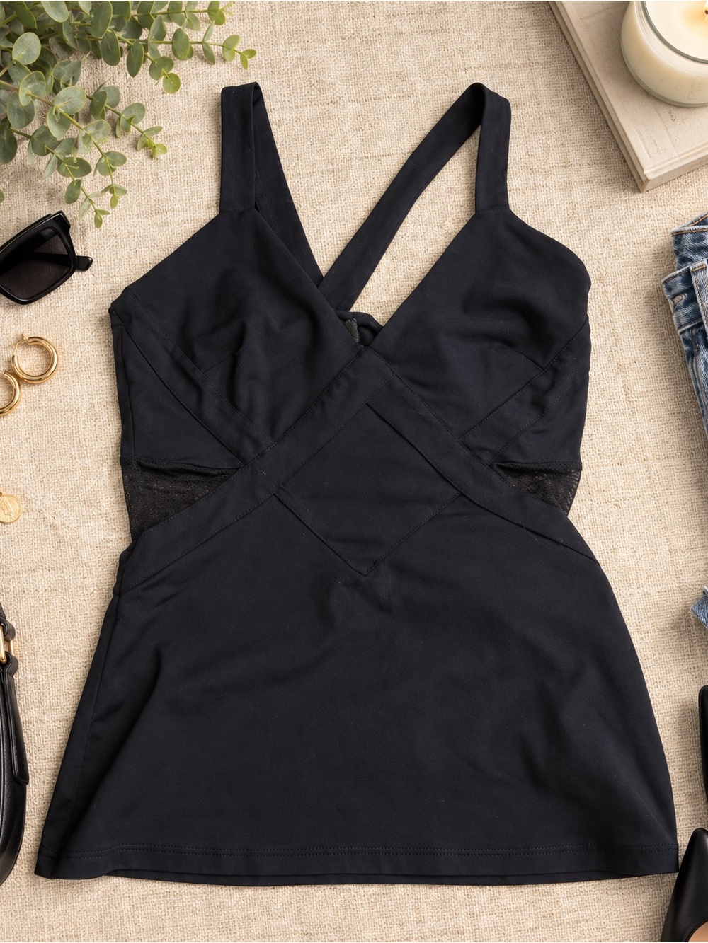Bebe Black Mesh Trim Tank Top Size Small | Fitted Going Out Y2K Sheer Detail Top